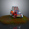 Tricycle Red Frame Canopy Decorative Details Parked On Muddy Grassy Circular Area With Gray Background