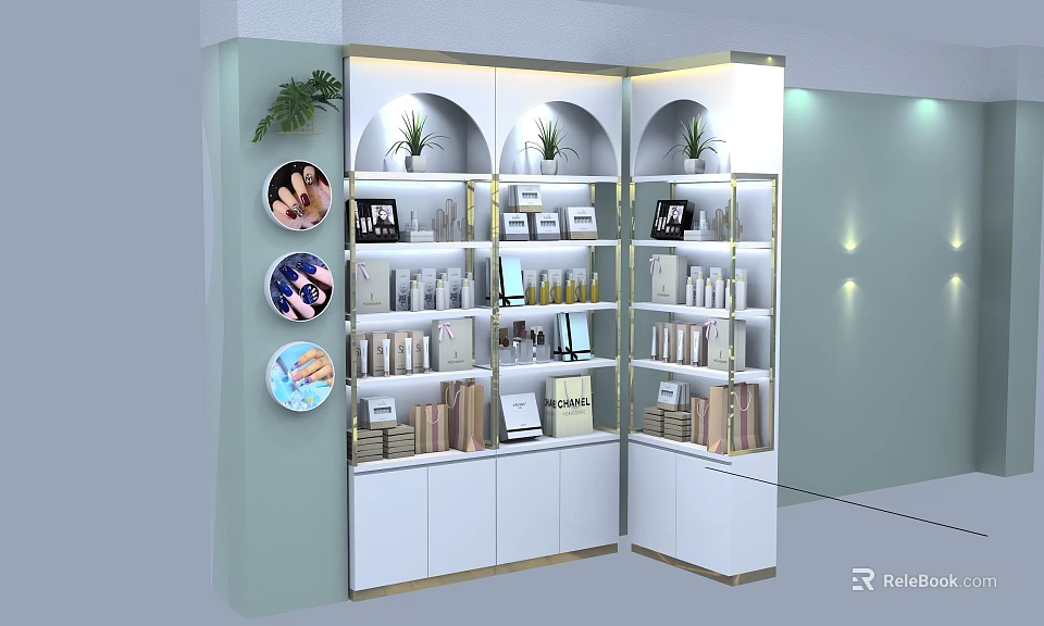 Modern Elegant Display Shelves with Cosmetics Skincare Products and Decorative Green Plants in Corner Design 3d model 