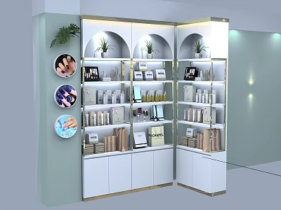 Modern Elegant Display Shelves with Cosmetics Skincare Products and Decorative Green Plants in Corner Design 3d model
