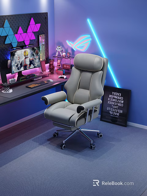 Comfortable Gray Gaming Armchair With RGB Lighting And Computer Setup 3d model 