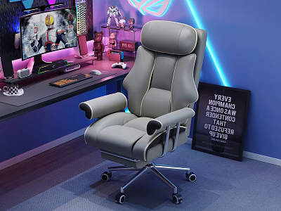 Comfortable Gray Gaming Armchair With RGB Lighting And Computer Setup 3d model