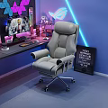 Comfortable Gray Gaming Armchair With RGB Lighting And Computer Setup