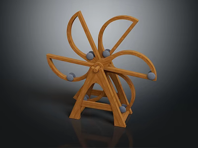 Decorative Wooden Windmill Model With Curved Blades Gray Balls And Stand 3d model