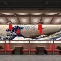 Japanese Restaurant Interior with Bar Counter Wooden Shelves Red Lanterns and Sake Bottles