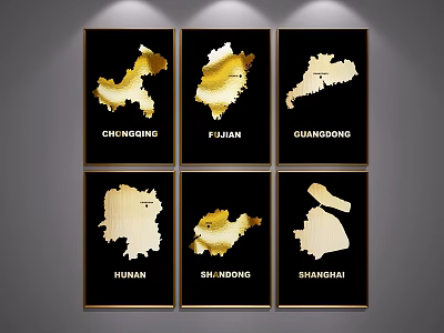 Gold Abstract Paintings Set With Black Background And Regional Map Designs 3d model