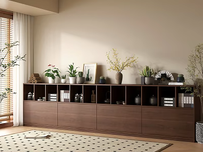 Modern Dark Wood Storage Cabinet With Plants Decorations And Photo Frames In Cozy Room 3d model