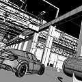 Blue Sports Car Exterior In Industrial Warehouse With Metal Beams And Large Windows