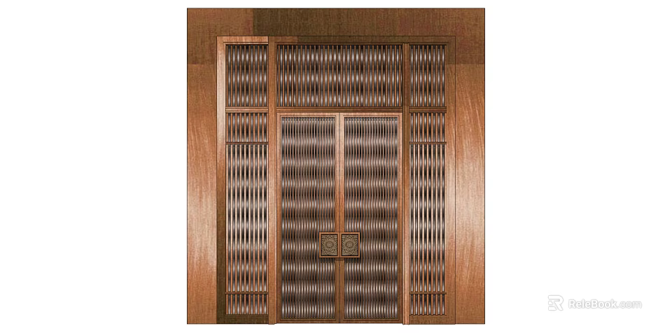 Copper-colored Main Door Featuring Lattice Panels Double-door Structure and Decorative Metal Hardware 3d model 