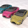 Colorful Modern Cars Blue Pink Yellow Parked Side By Side On White Ground