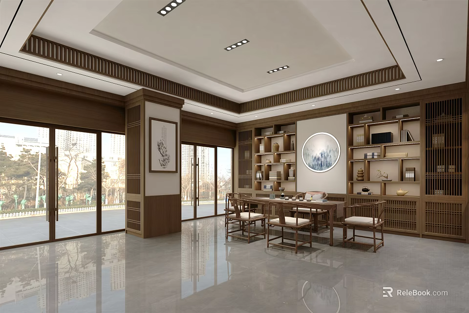 Chinese Style Store Interior With Wooden Bookshelves Tables Chairs Circular Decorative Painting And Large Windows 3d model 