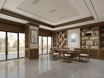 Chinese Style Store Interior With Wooden Bookshelves Tables Chairs Circular Decorative Painting And Large Windows 3d model