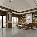 Chinese Style Store Interior With Wooden Bookshelves Tables Chairs Circular Decorative Painting And Large Windows