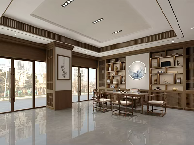 Chinese Style Store Interior With Wooden Bookshelves Tables Chairs Circular Decorative Painting And Large Windows 3d model