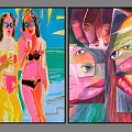 Abstract Painting Featuring Vibrant Colors Female Figures In Swimwear And Abstract Faces