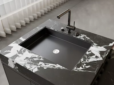Black Marble Countertop With Black Sink White Veins And Modern Faucet Design 3d model