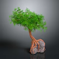 Lush Green Leafy Tree With Hanging Vines And Exposed Roots On Gray Rock