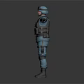 Military Tactical Character In Blue Uniform With Black Vest Helmet And Outstretched Arms