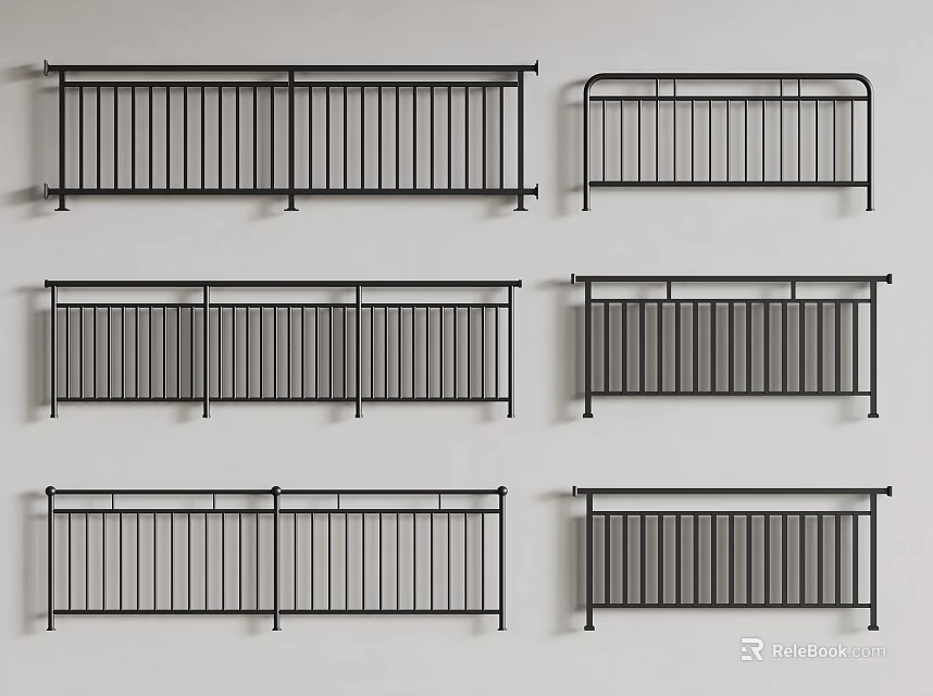 Different Metal Railing Designs With Vertical Bars And Horizontal Rails 3d model 