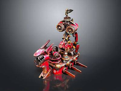 Red Steampunk Mechanical Dragon Head Vehicle With Gears And Cannons Decorative Model 3d model