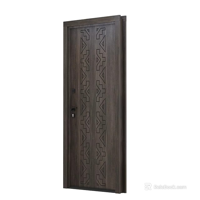 Dark Brown Wooden Sliding Door With Geometric Carved Patterns And Modern Design 3d model 