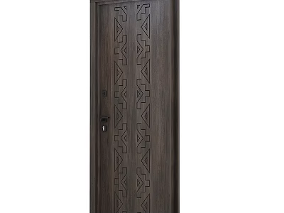 Dark Brown Wooden Sliding Door With Geometric Carved Patterns And Modern Design 3d model