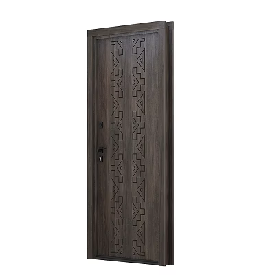 Dark Brown Wooden Sliding Door With Geometric Carved Patterns And Modern Design 3d model