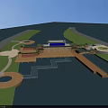 Aerial View Planning of Waterfront Area With Traditional Pavilions Blue Roof Building and Platforms