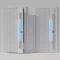 Black Security Doors Featuring Vertical Stripes And Blue Glass Panels On Stone Floor