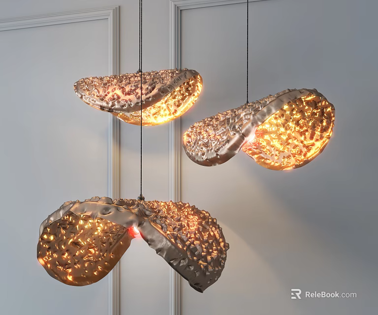 Three Modern Textured Pendant Lights With Irregular Shape And Warm Glow 3d model 