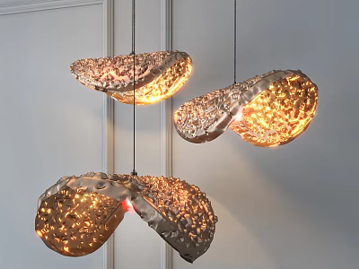 Three Modern Textured Pendant Lights With Irregular Shape And Warm Glow 3d model