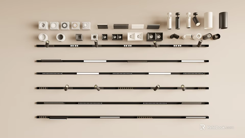 Various Downlights and Spotlights with Black White Fixtures and Installation Parts 3d model 
