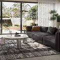 Modern Luxury Living Room With Large Windows Fireplace Grey Sofa Accent Chair Rug And Plants