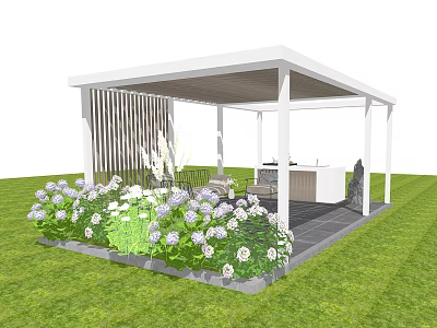 White Pergola With Outdoor Seating And Flower Bed On Green Lawn 3d model