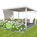 White Pergola With Outdoor Seating And Flower Bed On Green Lawn