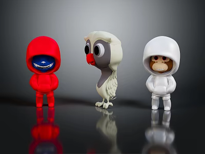 Cute Assorted Dolls Including Red Character Owl Figure and White Monkey Design 3d model