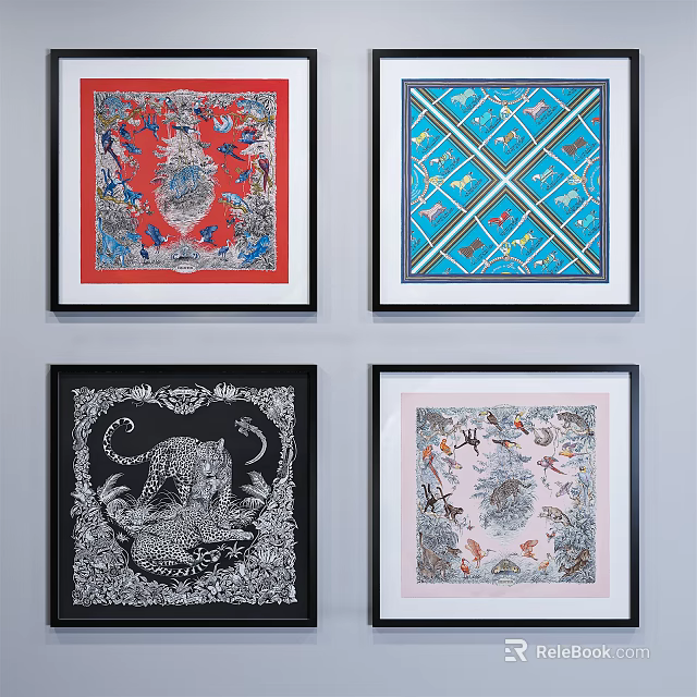 Decorative Framed Silk Scarf Wall Art With Red Blue Black Pink Patterns 3d model