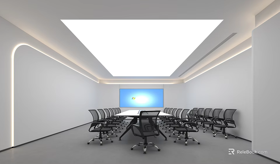 Modern Conference Room Interior Design With Large Screen Table Ergonomic Chairs And Ceiling Lighting 3d model 