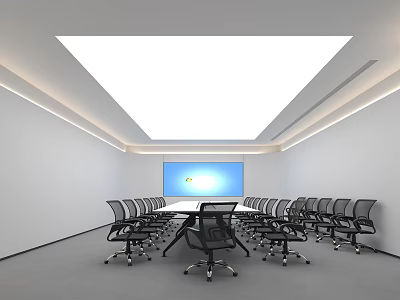 Modern Conference Room Interior Design With Large Screen Table Ergonomic Chairs And Ceiling Lighting 3d model