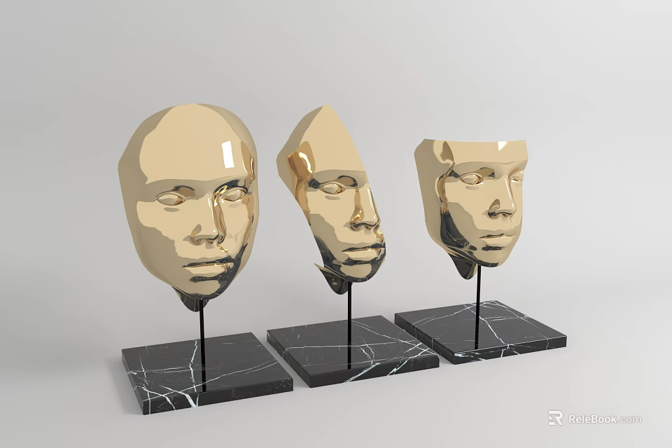 Decorative Ornament Set Golden Face Sculptures on Black Marble Bases with Stands 3d model 