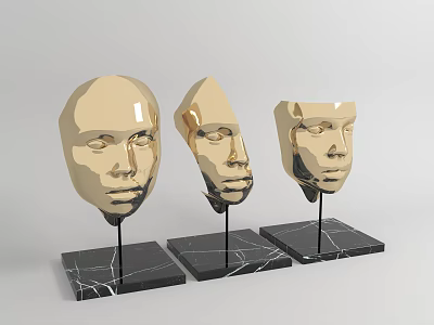Decorative Ornament Set Golden Face Sculptures on Black Marble Bases with Stands 3d model