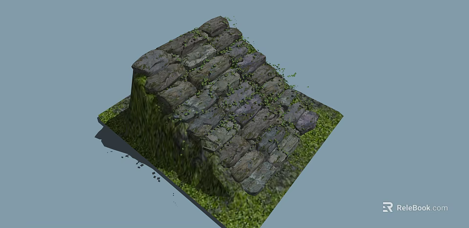 Stone Steps Covered With Green Moss And Small Plants On Gray Surface 3d model 