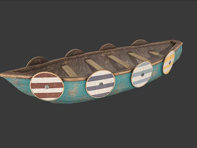 Vintage Wooden Boat With Turquoise Hull Circular Striped Patterns And Wooden Texture 3d model