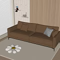 Two-seater Brown Sofa with Plaid Pillow and Flower Cushion on Gray Rug Wooden Wall