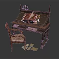 Antique Wooden Desk And Chair With Carved Details Books Balance Scales Scrolls And Upholstered Seat
