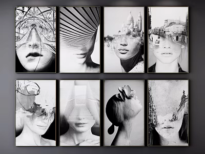 Black and White Figurative Art Collection Eight Framed Portrait Paintings With Geometric Patterns 3d model