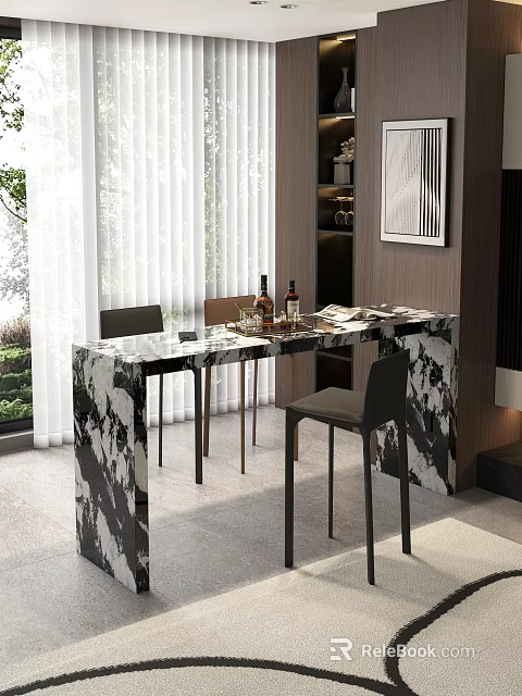 Modern Bar Counter With Marble Top Black Stools And Sheer Curtains In Bright Interior 3d model 