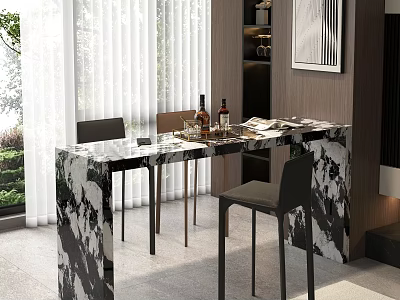 Modern Bar Counter With Marble Top Black Stools And Sheer Curtains In Bright Interior 3d model