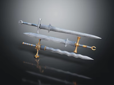 Decorative Medieval Swords Featuring Metallic Blades And Ornate Hilt Designs For 3d model