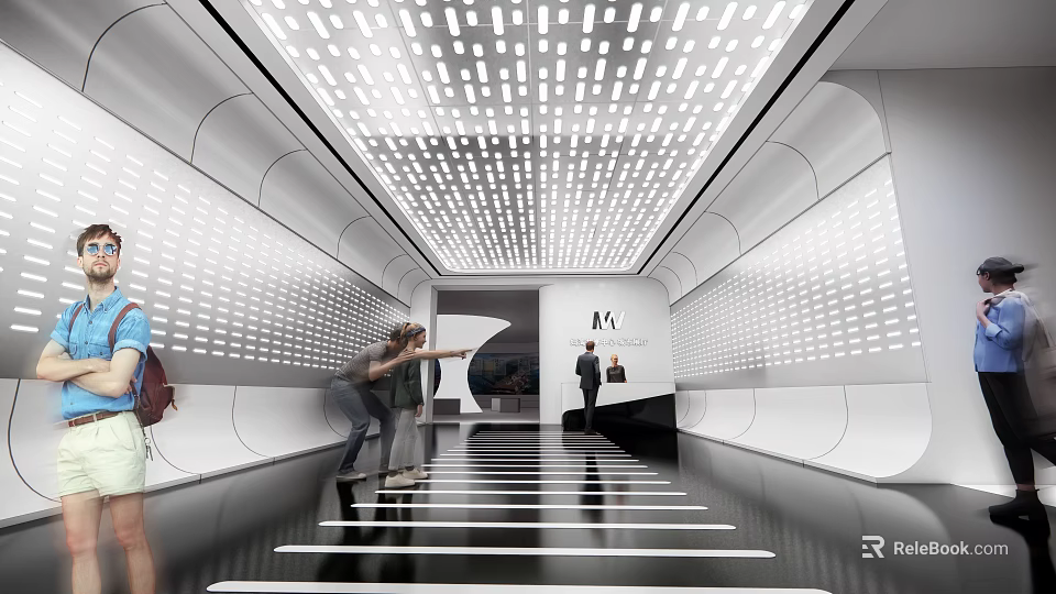 Modern Exhibition Hall with Innovative Ceiling Lighting Wall Design and Visitor Engagement Space 3d model 