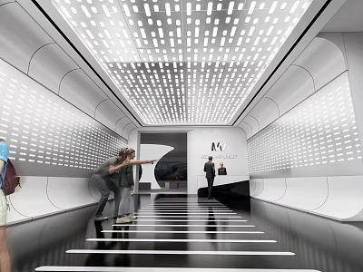 Modern Exhibition Hall with Innovative Ceiling Lighting Wall Design and Visitor Engagement Space 3d model